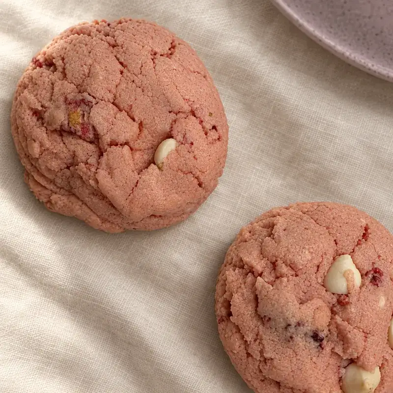 Two Strawberry Cloud cookies up close, pale pink with white chips, on cream linen