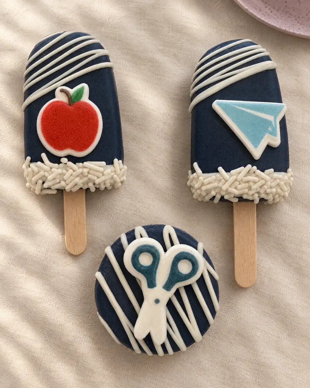 Navy cakesicles decorated with apple, paper plane, and scissors toppers for a teacher gift, on cream linen